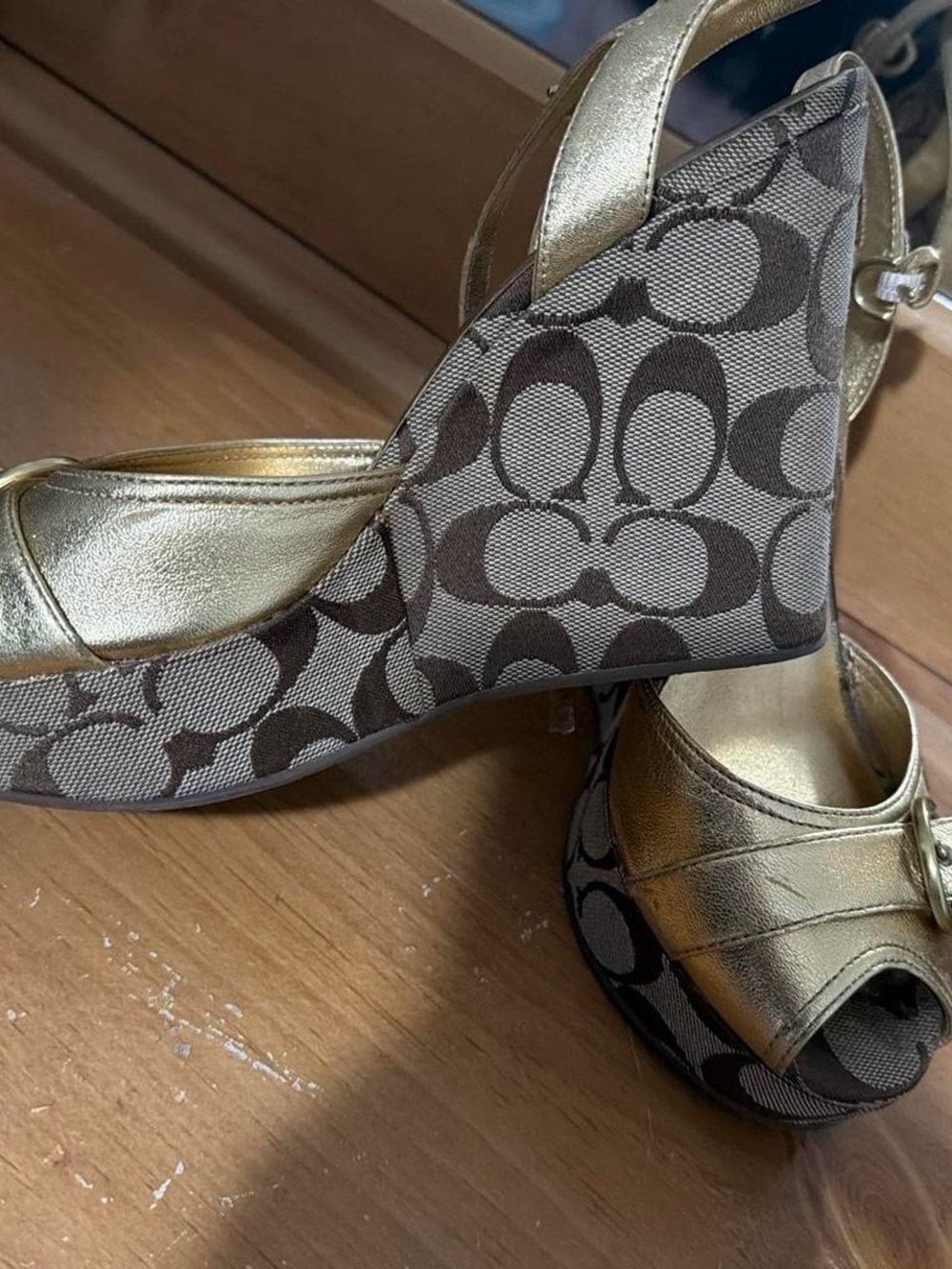 Coach Gold Metallic Leather & Signature Canvas Wedge Sandals